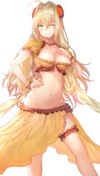 Rule 34 | 1girl, ;), ahoge, blonde hair, breasts, bridal garter, choker, cleavage, collarbone, cosplay, cowboy shot, earrings, fate/grand order, fate (series), female focus, floating hair, flower, green eyes, groin, hair between eyes, hair flower, hair intakes, hair ornament, hakuishi aoi, hand on own hip, hand on own chest, hoop earrings, jewelry, large breasts, long hair, looking at viewer, mata hari (fate), mata hari (fate) (cosplay), midriff, narrow waist, navel, nero claudius (fate), nero claudius (fate) (all), nero claudius (fate/extra), no panties, one eye closed, red flower, revealing clothes, sarong, short sleeves, simple background, smile, solo, standing, stomach, thigh strap, v-shaped eyebrows, very long hair, white background