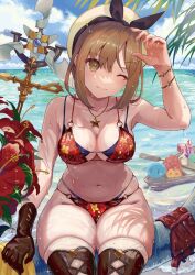 Rule 34 | 1girl, :3, atelier (series), atelier ryza, atelier ryza 1, beach, bikini, breasts, brown eyes, brown hair, cleavage, day, double bikini, guest art, hair ornament, hat, highres, ito lab, jewelry, large breasts, layered bikini, looking at viewer, navel, ocean, official art, promotional art, red bikini, reisalin stout, short hair, sitting, slime (creature), solo, stomach, string bikini, swimsuit, thick thighs, thighhighs, thighs, two-tone bikini, water, wet, wet clothes, wet hair, wet swimsuit, white hat, wide hips