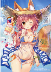 Rule 34 | 1girl, 2017, absurdres, ameto yuki, animal ear fluff, animal ears, artist name, bikini, bikini under clothes, blue bikini, blue sky, blush, bracelet, breasts, character name, cloud, copyright name, cowboy shot, cup, day, drinking glass, ears through headwear, fate/grand order, fate (series), food, fox ears, fox tail, fruit, gluteal fold, grapes, halterneck, hat, highres, holding, jewelry, lips, long hair, looking at viewer, medium breasts, navel, one eye closed, orange (fruit), outdoors, pink hair, scan, see-through, shiny skin, shirt, short sleeves, side-tie bikini bottom, simple background, sky, smile, solo, straw hat, strawberry, string bikini, sun hat, sunlight, swimsuit, t-shirt, tail, tamamo (fate), tamamo no mae (fate/extra), tamamo no mae (swimsuit lancer) (fate), tamamo no mae (swimsuit lancer) (second ascension) (fate), thigh gap, tongue, tongue out, wavy hair, wet, wet clothes, wet shirt, yellow eyes