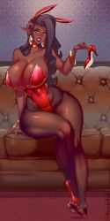 Rule 34 | 1girl, absurdres, animal ears, bad anatomy, bangle, bare shoulders, black hair, bracelet, breasts, choker, cleavage, collarbone, curvy, dark elf, earrings, elf, fake animal ears, feet, freckles, high heels, highleg, highleg leotard, highres, hoop earrings, huge breasts, impossible clothes, impossible leotard, jewelry, leotard, lips, lipstick, live for the funk, makeup, nail polish, narrow waist, original, pantyhose, pink eyes, playboy bunny, pointy ears, rabbit ears, red choker, red footwear, red leotard, see-through, see-through legwear, shoes, single shoe, sitting, solo, unmoving pattern, vanessa (live for the funk)