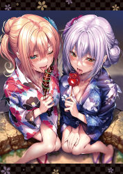 Rule 34 | 2girls, ;p, aqua eyes, ayase kaya, ayase touka (piromizu), blonde hair, blush, breasts, candy apple, chocolate banana, cleavage, collarbone, comic exe, crossed bangs, eyelashes, fellatio, festival, fingernails, floral print, flower, food, from above, hair between eyes, hair flower, hair ornament, half-closed eyes, highres, holding, holding food, japanese clothes, kimono, large breasts, letterboxed, licking, long fingernails, long hair, long sleeves, looking at viewer, multiple girls, nail polish, night, non-web source, obi, one eye closed, open mouth, oral, original, outdoors, pink nails, piromizu, print kimono, purple hair, purple kimono, red nails, saliva, saliva trail, sandals, sash, sexually suggestive, siblings, sidelocks, simulated fellatio, sisters, smile, summer festival, tongue, tongue out, white kimono, yukata