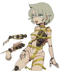 Rule 34 | 1girl, :d, android, blue eyes, breasts, caution tape, commentary, concealed weapon, cowboy shot, deent (30390450), disembodied limb, english commentary, grey hair, hair between eyes, hand on own leg, highres, joints, looking ahead, mechanical parts, medium breasts, naked ribbon, navel, open mouth, original, ribbon, robot joints, short hair, simple background, smile, solo, spikes, tape, tape on pussy, weapon, weapon request, white background