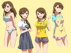 Rule 34 | 2girls, aged up, alternate hairstyle, bad id, bad pixiv id, blush, breasts, brown eyes, brown hair, cleavage, dars (recolors), futami ami, futami mami, hair down, idolmaster, idolmaster (classic), long hair, looking at viewer, multiple girls, navel, one eye closed, open mouth, ponytail, short hair, siblings, simple background, sisters, smile, standing, thighs, twins