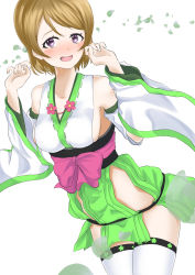 Rule 34 | 1girl, artist name, artist request, blush, bow, breasts, brown hair, corset, falling leaves, female focus, floating, hair between eyes, highres, japanese clothes, kimono, koizumi hanayo, leaf, long sleeves, looking at viewer, love live!, love live! school idol project, medium breasts, obi, parted lips, pink bow, purple eyes, sash, short hair, smile, solo, white background, white kimono, white legwear, wide sleeves