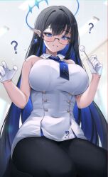 Rule 34 | 1girl, ?, black hair, black pantyhose, blue archive, blue eyes, blue hair, blush, breasts, colored inner hair, covered navel, dress, ear cleaning, flying sweatdrops, giga-tera, glasses, gloves, halo, highres, indoors, large breasts, long hair, looking at viewer, mimikaki, multicolored hair, pantyhose, pointy ears, rimless eyewear, rin (blue archive), seiza, sitting, sleeveless, sleeveless dress, smile, solo, straight hair, sweat, taut clothes, taut dress, two-tone hair, very long hair, white dress, white gloves