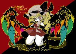 Rule 34 | 1girl, ascot, black background, blonde hair, character name, crazy eyes, flandre scarlet, frown, full body, half-closed eye, hat, hat ribbon, laevatein (tail), long hair, looking at viewer, mob cap, monster girl, ponytail, raised eyebrow, red background, red eyes, ribbon, see-through, side ponytail, solo, tail, thighs, touhou, two-tone background, uneven eyes, wide hips, yt (wai-tei)