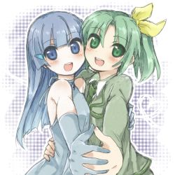 Rule 34 | 10s, 2girls, :d, aoki reika, bad id, bad pixiv id, bare shoulders, blue eyes, blue hair, blush, dress, elbow gloves, gloves, green eyes, green hair, green shirt, hair ribbon, hair tubes, holding hands, hug, interlocked fingers, long hair, midorikawa nao, multiple girls, open mouth, own hands together, ponytail, precure, prussian blue, ribbon, shirt, smile, smile precure!