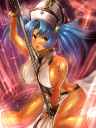 Rule 34 | 10s, 1girl, between breasts, blue hair, blush, breasts, dark persona, earrings, edobox, fingerless gloves, gloves, gradient background, granblue fantasy, hat, heart, heart-shaped pupils, jewelry, large breasts, long hair, looking at viewer, open mouth, orange eyes, sideboob, sitting, solo, sophia (granblue fantasy), sweat, symbol-shaped pupils, tan, tongue, tongue out, twintails, wariza