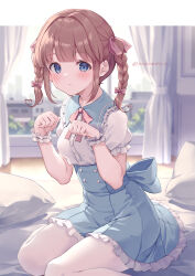 Rule 34 | 1girl, blue eyes, blue skirt, blurry, blurry background, blush, bow, braid, breasts, brown hair, closed mouth, collared shirt, commission, curtains, frilled skirt, frills, hair bow, hands up, high-waist skirt, highres, indoors, looking at viewer, medium breasts, original, pantyhose, pillow, pink bow, puffy short sleeves, puffy sleeves, ribbon, shirt, short sleeves, sitting, skeb commission, skirt, solo, twin braids, twintails, wariza, white pantyhose, white shirt, window, wrist cuffs, yoshino ryou