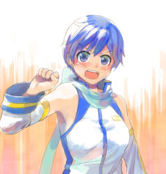 Rule 34 | 1girl, ahoge, arm up, armpits, bare shoulders, blue coat, blue eyes, blue hair, blue scarf, blush, bow, breasts, clenched hand, coat, commentary request, cropped torso, detached sleeves, gradient eyes, grimay, hair between eyes, kaiko, looking at viewer, medium breasts, multicolored clothes, multicolored coat, multicolored eyes, open mouth, orange background, painting (medium), scarf, scarf bow, short hair, simple background, sleeveless, sleeveless coat, solo, teeth, traditional media, two-tone background, two-tone coat, upper body, upper teeth only, vocaloid, watercolor (medium), white background, white coat