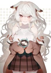Rule 34 | 1girl, absurdres, animal ear fluff, animal ears, artist request, brown hair, cup, eyebrows hidden by hair, fox girl, fox tail, foxplushy, hair ribbon, highres, holding, holding cup, indie virtual youtuber, light smile, long hair, looking at viewer, ribbed sweater, ribbon, sleeveless, sleeveless sweater, sleeves past fingers, sleeves past wrists, sweater, tail, turtleneck, two-tone background, virtual youtuber, wavy hair, white hair, white sweater