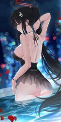 Rule 34 | 1girl, absurdres, alternate costume, aqua74286, ass, black hair, black one-piece swimsuit, blue archive, blurry, blurry background, blush, breasts, hair ornament, hairclip, halo, highres, large breasts, long hair, looking at viewer, night, night sky, one-piece swimsuit, pool, red eyes, rio (blue archive), sky, solo, swimsuit, very long hair