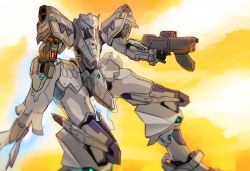 Rule 34 | dual wielding, extra eyes, f-22a raptor (muv-luv), flying, glowing, glowing eyes, gun, holding, holding gun, holding weapon, looking ahead, mecha, muv-luv, muv-luv alternative, no humans, robot, solo, strictly mecha, tactical surface fighter, weapon