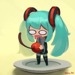 Rule 34 | 1girl, absurdres, aqua hair, aqua necktie, artist name, bare shoulders, cherry, chibi, collared shirt, commentary, english commentary, food, fruit, full body, grey shirt, hatsune miku, highres, long hair, necktie, open mouth, oversized food, oversized object, plate, shirt, shoulder tattoo, simple background, skirt, sleeveless, sleeveless shirt, solid circle eyes, solo, soru ani, standing, tattoo, thighhighs, twintails, very long hair, vocaloid, yellow background