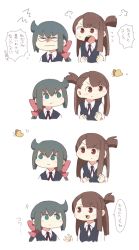 Rule 34 | 2girls, bow, brown eyes, brown hair, bug, butterfly, chibi, clenched hands, comic, constanze amalie von braunschbank-albrechtsberger, flying sweatdrops, green eyes, grey hair, hair bow, insect, kagari atsuko, little witch academia, looking at another, luna nova school uniform, multiple girls, nakkasu, no nose, open mouth, pink bow, school uniform, squiggle, translation request, upper body, white background