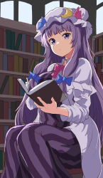 Rule 34 | 1girl, :/, blue bow, blue ribbon, blunt bangs, book, bookshelf, bow, bowtie, breasts, crescent, crescent hat ornament, dress, feet out of frame, hat, hat ornament, highres, holding, holding book, indoors, knees together feet apart, large breasts, long hair, looking at viewer, mob cap, open book, patchouli knowledge, purple eyes, purple hair, ribbon, sitting, solo, striped clothes, striped dress, suberaku, touhou, vertical-striped clothes, vertical-striped dress, very long hair