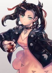 Rule 34 | 1girl, aqua eyes, asymmetrical bangs, bad id, bad pixiv id, black hair, black jacket, black nails, breasts, buttons, choker, closed mouth, collarbone, creatures (company), dress, game freak, gradient background, grey background, hair ribbon, holding, holding poke ball, jacket, long hair, long sleeves, looking at viewer, marnie (pokemon), nail polish, nintendo, open clothes, open jacket, pink dress, poke ball, poke ball (basic), pokemon, pokemon swsh, red ribbon, ribbon, simple background, sirius xe, small breasts, solo, standing, twintails