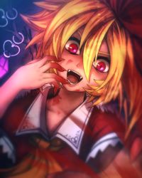 Rule 34 | &gt;:d, 1girl, :d, ascot, blonde hair, blood, blood on face, blood on hands, blood stain, fangs, fixelcat, flandre scarlet, hair ornament, hair ribbon, hand to own mouth, looking at viewer, nail polish, open mouth, red eyes, ribbon, short sleeves, slit pupils, smile, solo, touhou, upper body, v-shaped eyebrows, wide sleeves, wings, yellow ascot