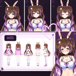 Rule 34 | 1girl, animal ear fluff, animal ears, bare shoulders, bra strap, breasts, brown hair, choker, cleavage, closed eyes, crop top, expressions, green eyes, halterneck, highres, indie virtual youtuber, jacket, kurot, large breasts, long hair, looking at viewer, mary janes, midriff, multiple views, navel, off shoulder, open clothes, open jacket, purple jacket, rabbit ears, rabbit tail, ribbon choker, shirt, shoes, short shorts, shorts, sleeveless, sleeveless shirt, smile, spaghetti strap, stomach, striped clothes, striped jacket, striped thighhighs, tail, thighhighs, two side up, very long hair, virtual youtuber, white shirt, white shorts, white thighhighs