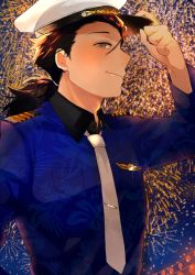 Rule 34 | 1boy, black hair, blue eyes, blue shirt, blush, closed mouth, collared shirt, commentary request, fate/grand order, fate/type redline, fate (series), firework background, hair tie, hat, holding, holding clothes, holding hat, kaname ryou, kepi, koha-ace, long hair, long sleeves, looking at viewer, male focus, military hat, necktie, official alternate costume, ponytail, print shirt, sakamoto ryouma (fate), sakamoto ryouma (festival outfit) (fate), shirt, smile, solo, upper body, white necktie