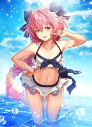 Rule 34 | 1boy, astolfo (fate), bare arms, bare shoulders, bikini, bikini skirt, blue sky, blush, bow, braid, commentary request, day, eyebrows hidden by hair, fate/grand order, fate (series), hair between eyes, hair bow, hair ornament, head tilt, in water, kamesu, long hair, looking at viewer, male focus, navel, official alternate costume, outdoors, pink hair, purple eyes, single braid, sky, standing, swimsuit, trap, wading, water