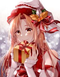 Rule 34 | 1girl, asuna (sao), asymmetrical bangs, blurry, blurry background, box, braid, brown eyes, brown hair, christmas, christmas sweater, closed mouth, detached sleeves, fur-trimmed headwear, fur trim, gift, gift box, hair ribbon, hat, highres, holding, holding gift, istriri, light blush, long hair, looking at viewer, mistletoe hair ornament, red ribbon, red sweater, ribbon, santa hat, sleeveless, sleeveless sweater, smile, snowing, solo, sweater, sword art online, twitter username, upper body, white hat, white sleeves