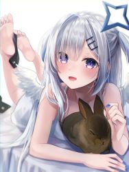 Rule 34 | 1girl, :d, absurdres, amane kanata, bare shoulders, barefoot, bed sheet, blue hair, blue nails, blush, dress, feathered wings, feet on toy, feet up, fuyoyo, grey hair, halo, highres, holding with feet, hololive, long hair, looking at viewer, lying, nail polish, on bed, on stomach, open mouth, purple eyes, rabbit, simple background, sleeveless, sleeveless dress, smile, solo, the pose, two side up, virtual youtuber, white background, white dress, white wings, wings