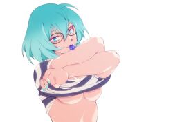 Rule 34 | 1girl, aqua hair, aqua nails, areola slip, benten (housamo), blue eyes, breasts, clothes lift, commentary request, eyelashes, glasses, goshingo1, highres, looking at viewer, medium breasts, medium hair, mouth hold, plectrum, shirt, shirt lift, simple background, smile, solo, striped clothes, striped shirt, tokyo houkago summoners, underboob, undressing, upper body, white background