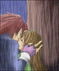 Rule 34 | 00s, anna irving, blush, brown hair, couple, closed eyes, fingerless gloves, gloves, kiss, kratos aurion, lowres, oekaki, rain, red hair, tales of (series), tales of symphonia