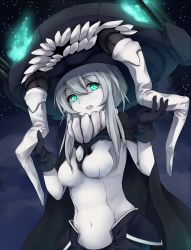 Rule 34 | 10s, 1girl, abyssal ship, aqua eyes, bodysuit, cape, gloves, highres, kantai collection, looking at viewer, minami machi, monster, open mouth, pale skin, personification, silver hair, solo, turret, wo-class aircraft carrier
