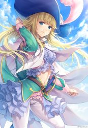 Rule 34 | 1other, belt, blonde hair, blue eyes, cape, chevalier d&#039;eon (fate), cloud, day, fate/grand order, fate (series), feathers, flower, frills, gloves, hagino kouta, hand on headwear, hat, hat feather, highres, jewelry, looking at viewer, navel, pants, ponytail, sheath, sheathed, sky, smile, sword, twitter username, weapon, white cape, white pants