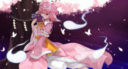 Rule 34 | 1girl, alternate color, bug, butterfly, cherry blossom print, closed mouth, floral print, frilled kimono, frills, ghost, hat, insect, japanese clothes, kimono, looking at viewer, mob cap, pink eyes, pink hair, pink hat, pink kimono, saigyou ayakashi, saigyouji yuyuko, short hair, smile, smile (mm-l), solo, touhou, tree, triangular headpiece