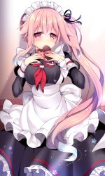 Rule 34 | 1girl, alternate costume, apron, blush, box, breasts, commentary request, enmaided, gift, hair between eyes, hair flaps, hair ornament, harusame (kancolle), heart, heart-shaped box, highres, holding, holding gift, kantai collection, long sleeves, looking at viewer, maid, maid headdress, medium breasts, neckerchief, pink eyes, pink hair, red neckerchief, ringo sui, side ponytail, sidelocks, solo, valentine