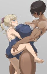 Rule 34 | 2girls, barefoot, black hair, blonde hair, blue eyes, breasts, brown hair, carrying, carrying person, competition school swimsuit, dark-skinned female, dark skin, dated commentary, height difference, highres, huge breasts, kei (m k), lifting person, long hair, m k, multiple girls, original, petite, ponytail, red eyes, rika (m k), school swimsuit, short hair, simple background, small breasts, soles, standing, sweat, swimsuit, tall, tall female, tan, thick thighs, thighs, tomboy, toned, wife and wife, yuri