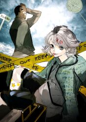 Rule 34 | 2boys, briefcase, business suit, caution tape, formal, grey hair, highres, hood, hoodie, ishida sui, looking at viewer, multiple boys, official art, outdoors, roman numeral, shinohara yukinori, shorts, smile, socks, stitched face, stitched neck, stitches, suit, suzuya juuzou, tokyo ghoul, tongue, tongue out