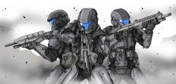 Rule 34 | 3others, aiming, aiming at viewer, ambiguous gender, armor, assault rifle, battle rifle, bullpup, dust, focus, gun, halo (game), halo (series), harahachibu ajinosuke, helmet, military, multiple others, odst, power suit, rifle, shotgun, soldier, weapon