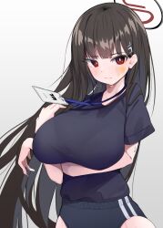 Rule 34 | 1girl, absurdres, akinoji (akiponpon27), alternate costume, arm under breasts, black buruma, black hair, blue archive, blue shirt, blush, breasts, buruma, facepaint, halo, highres, lanyard, large breasts, looking at viewer, red eyes, rio (blue archive), shirt, shirt tucked in, simple background, solo, star (symbol), white background
