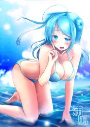 Rule 34 | 10s, 1girl, ass, bikini, blue eyes, blue hair, breasts, butt crack, cleavage, double bun, downpants, frey, hair bun, halterneck, hat, kantai collection, kneeling, large breasts, looking at viewer, open mouth, partially submerged, solo, string bikini, swimsuit, urakaze (kancolle), water, white hat