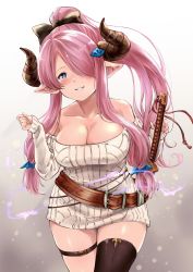 Rule 34 | 1girl, alternate costume, bare shoulders, belt, belt buckle, black bow, black thighhighs, blue eyes, blush, bow, breasts, buckle, chokuro, cleavage, collarbone, commentary request, cowboy shot, draph, gradient background, granblue fantasy, hair bow, hair over one eye, head tilt, highres, horns, large breasts, long hair, long sleeves, low-tied long hair, low neckline, low twintails, narmaya (granblue fantasy), off-shoulder, off-shoulder sweater, off shoulder, parted lips, pink background, pink hair, pointy ears, ponytail, sheath, sheathed, single thighhigh, smile, solo, standing, sweater, sword, thigh strap, thighhighs, twintails, very long hair, weapon, white sweater