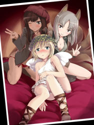 Rule 34 | 3girls, angel wings, animal ears, bare arms, bare shoulders, beanie, bed sheet, black hair, blonde hair, blue eyes, blush, brave witches, breasts, cleavage, cosplay, cross-laced footwear, cross-laced sandals, edytha rossmann, embarrassed, erica hartmann, federica n. doglio, fox ears, fox tail, grey hair, hat, head wreath, hi-ho-, highres, indoors, jacket, knees, laurel crown, legs, light smile, looking at viewer, lying, military jacket, multiple girls, multiple tails, no bra, no pants, on back, one eye closed, open clothes, open shirt, panties, panty pull, photo (object), red panties, sandals, shirt, short hair, sitting, sleeveless, socks, strike witches, strike witches: kurenai no majo-tachi, tail, underwear, v, white panties, wings, wink, world witches series, wreath