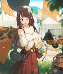 Rule 34 | 1girl, barrel, blouse, blue eyes, blurry, blurry background, bodice, brown hair, brown skirt, cauldron, commentary request, dagger, day, flag, flower, hair flower, hair ornament, holding, knife, long hair, long skirt, medieval, off shoulder, one eye closed, open mouth, original, outdoors, shirt, skirt, solo, tankard, weapon, white shirt, wind, yoshitake