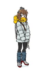 Rule 34 | 1girl, alternate costume, black pantyhose, blue pantyhose, blush, brown eyes, brown hair, coat, commentary request, full body, grey coat, headgear, kantai collection, leg warmers, long sleeves, pantyhose, rigging, scarf, shide kouri, short hair, simple background, solo, standing, twitter username, white background, yellow scarf, yukikaze (kancolle)