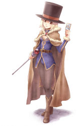 Rule 34 | 1girl, belt, belt boots, black pantyhose, blonde hair, boots, breasts, brown eyes, cape, card, cleavage, cleavage cutout, clothing cutout, hat, holding, holding card, leggings, nyaou, pantyhose, ragnarok online, rod, scepter, shadow, solo, top hat, wizard, wizard (ragnarok online)