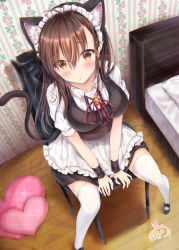 Rule 34 | 1girl, :o, animal ear fluff, animal ears, apron, bed, between legs, black footwear, black skirt, blush, breasts, brown eyes, brown hair, cat ears, cat girl, cat tail, chair, collared shirt, commentary request, dress shirt, foreshortening, frilled apron, frills, hair between eyes, hand between legs, heart, heart-shaped pillow, highres, indoors, long hair, looking at viewer, maid, maid headdress, maruma (maruma gic), mary janes, medium breasts, neck ribbon, on chair, original, parted lips, pillow, red ribbon, ribbon, shirt, shoes, signature, sitting, skirt, solo, tail, tail raised, thighhighs, very long hair, white apron, white shirt, white thighhighs, wooden floor