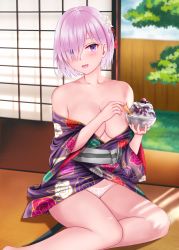 Rule 34 | 1girl, absurdres, bad id, bad pixiv id, bare shoulders, blush, breasts, cleavage, collarbone, fate/grand order, fate (series), female focus, hair over one eye, highres, indoors, large breasts, light purple hair, looking at viewer, mash kyrielight, open mouth, purple eyes, short hair, smile, solo, yayanri