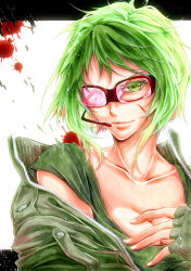 Rule 34 | 1girl, bad id, bad pixiv id, blood, bokura no 16bit warz (vocaloid), breasts, broken glass, cleavage, collarbone, glass, goggles, green eyes, green hair, gumi, headset, letterboxed, matching hair/eyes, satoru0612, short hair, smile, solo, unzipped, vocaloid