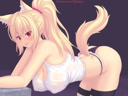 Rule 34 | 1girl, :p, animal ear fluff, animal ears, ass, bare arms, bare shoulders, bent over, black panties, black thighhighs, blonde hair, blush, breasts, cat ears, cat girl, cat tail, cleavage, commentary, english commentary, fishnet thighhighs, fishnets, hair ornament, hair scrunchie, highres, large breasts, long hair, looking at viewer, no bra, nottytiffy, original, panties, patreon username, pink scrunchie, ponytail, purple background, red eyes, scrunchie, sidelocks, simple background, sleeveless, slit pupils, smile, solo, tail, tank top, thighhighs, thighs, tiffy (nottytiffy), tongue, tongue out, underwear, white tank top