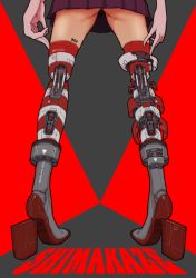 Rule 34 | 10s, 1girl, arms at sides, ass, barcode, blue skirt, boushi-ya, character name, cyborg, gloves, high heels, joints, kantai collection, lower body, machinery, robot joints, shimakaze (kancolle), skirt, solo, standing, two-tone background, upskirt, view between legs, white gloves