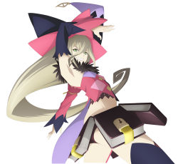 Rule 34 | 1girl, absurdres, armpits, asymmetrical sleeves, blonde hair, book, detached sleeves, green eyes, grin, hair between eyes, hat, highres, long hair, magilou (tales), mismatched sleeves, official art, simple background, smile, solo, tales of (series), tales of berseria, very long hair, white background, witch hat