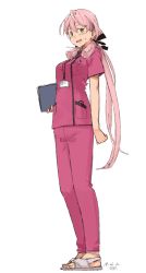 Rule 34 | 1girl, akashi (kancolle), alternate costume, clipboard, dated, full body, green eyes, hair ribbon, id card, kantai collection, kawashina (momen silicon), long hair, looking at viewer, medical scrubs, nurse, pink hair, ribbon, sandals, simple background, solo, standing, toeless footwear, tress ribbon, twintails, white background